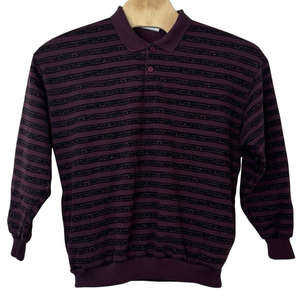 Vintage 90s Claybrooke Sport Striped Polo Sweater Size XL Maroon Black Preppy